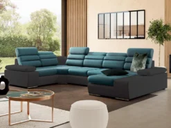 Canapé D'angle Panoramique Convertible En Tissu Et Simili BOILEAU - Bicolore Turquoise/anthracite - Angle Droit -Canapé Soldes Boutique canape 19627699