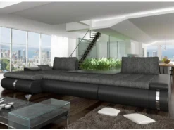 Canapé D'angle Panoramique Convertible Et Réversible En Tissu Et Simili AZELMA - Noir Et Anthracite -Canapé Soldes Boutique canape 196374