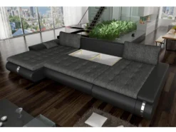 Canapé D'angle Panoramique Convertible Et Réversible En Tissu Et Simili AZELMA - Noir Et Anthracite -Canapé Soldes Boutique canape 196376