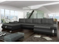 Canapé D'angle Panoramique Convertible Et Réversible En Tissu Et Simili AZELMA - Noir Et Anthracite