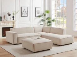 Canapé D'angle Droit Et Pouf En Velours Côtelé Beige BORORE