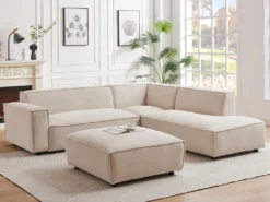 Canapé D'angle Droit Et Pouf En Velours Côtelé Beige BORORE -Canapé Soldes Boutique canape 19738387