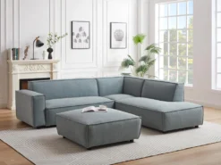 Canapé D'angle Droit Et Pouf En Velours Côtelé Bleu Clair BORORE