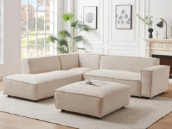 Canapé D'angle Gauche Et Pouf En Velours Côtelé Beige BORORE -Canapé Soldes Boutique canape 19738461