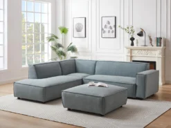 Canapé D'angle Gauche Et Pouf En Velours Côtelé Bleu Clair BORORE