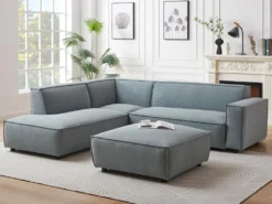 Canapé D'angle Gauche Et Pouf En Velours Côtelé Bleu Clair BORORE -Canapé Soldes Boutique canape 19738559