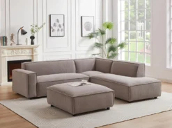 Canapé D'angle Droit Et Pouf En Velours Côtelé Taupe BORORE