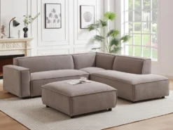 Canapé D'angle Droit Et Pouf En Velours Côtelé Taupe BORORE -Canapé Soldes Boutique canape 19738821