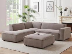 Canapé D'angle Gauche Et Pouf En Velours Côtelé Taupe BORORE -Canapé Soldes Boutique canape 19738871