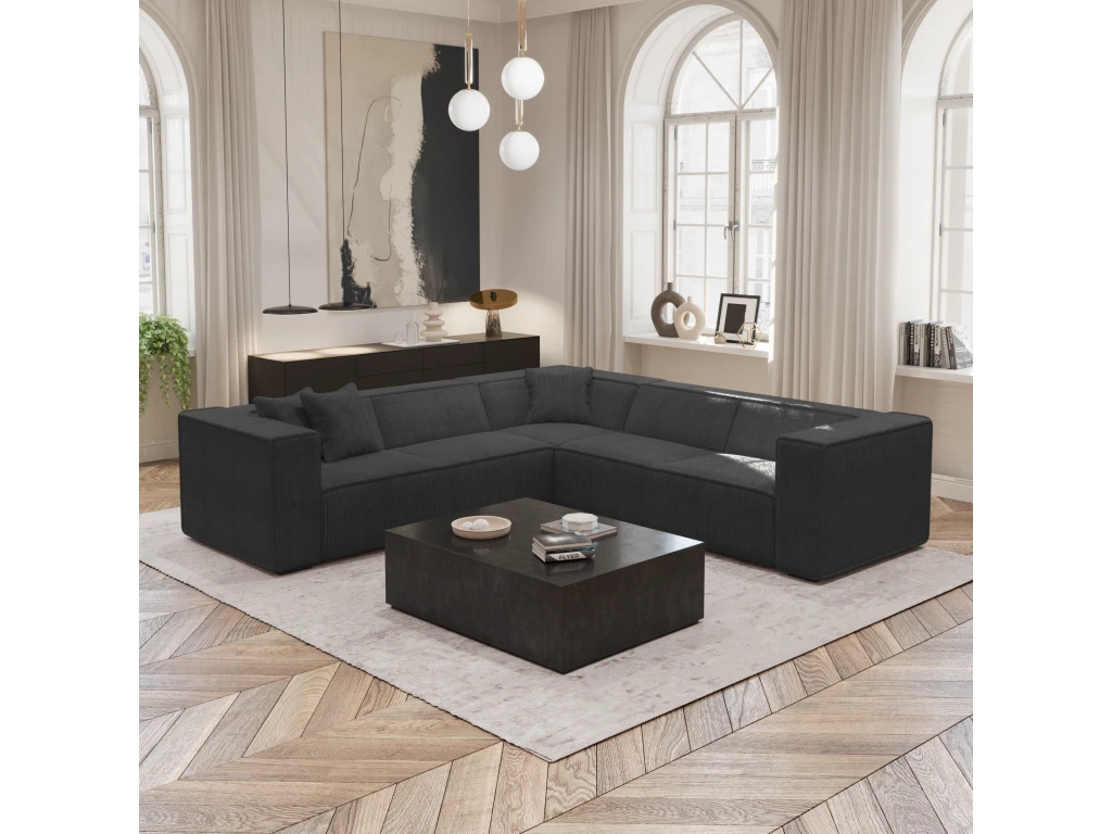 Canapé Grand Angle Tissu Velours Côtelé Gris Anthracite 2 Canapé Grand Angle Tissu Velours Côtelé Gris Anthracite – Image 2