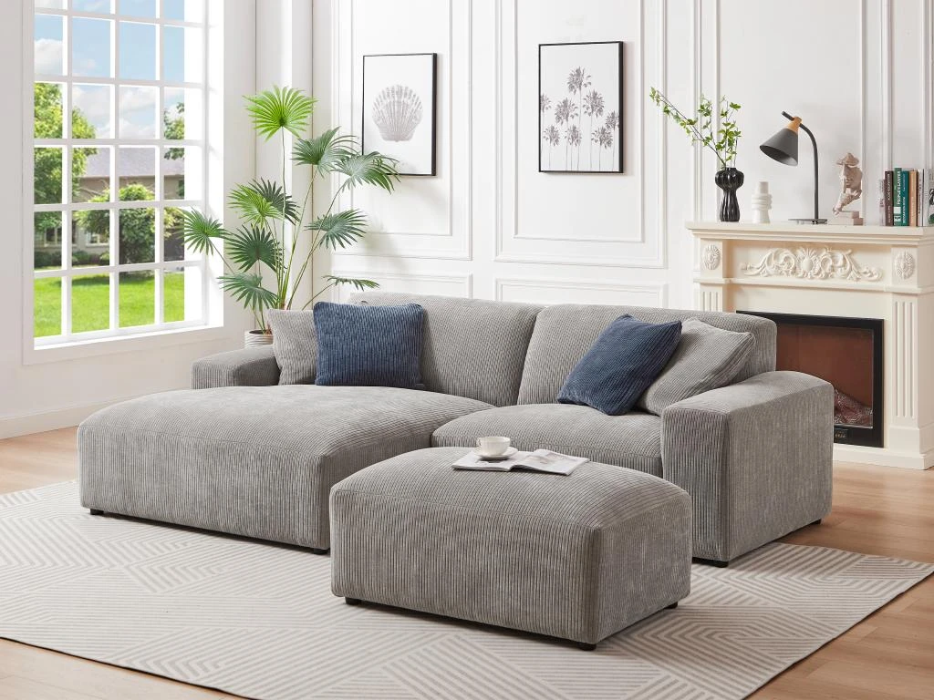 Canapé D'angle Gauche En Velours Côtelé Gris TIRONO 1 Canapé D'angle Gauche En Velours Côtelé Gris TIRONO