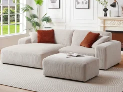 Canapé D'angle Gauche Et Pouf En Velours Côtelé Beige TIRONO -Canapé Soldes Boutique canape 19916851