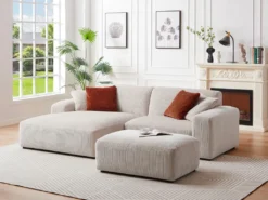 Canapé D'angle Gauche Et Pouf En Velours Côtelé Beige TIRONO