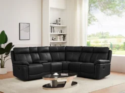 Grand Canapé D'angle Relax En Cuir Noir DEVERA