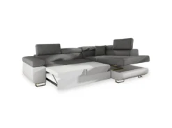 Canapé D'angle Convertible Antoni Avec Têtières Relevables Angle à Droite Simili Blanc Et Tissus Gris Clair