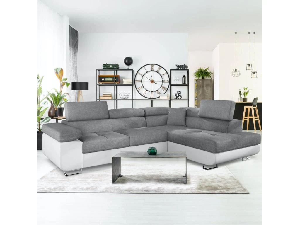 Canapé D'angle Convertible Antoni Avec Têtières Relevables Angle à Droite Simili Blanc Et Tissus Gris Clair 3 Canapé D'angle Convertible Antoni Avec Têtières Relevables Angle à Droite Simili Blanc Et Tissus Gris Clair – Image 3