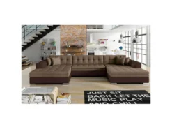 Canapé Panoramique D'angle Convertible Vento Simili Marron Et Tissu Marron -Canapé Soldes Boutique canape 20006513