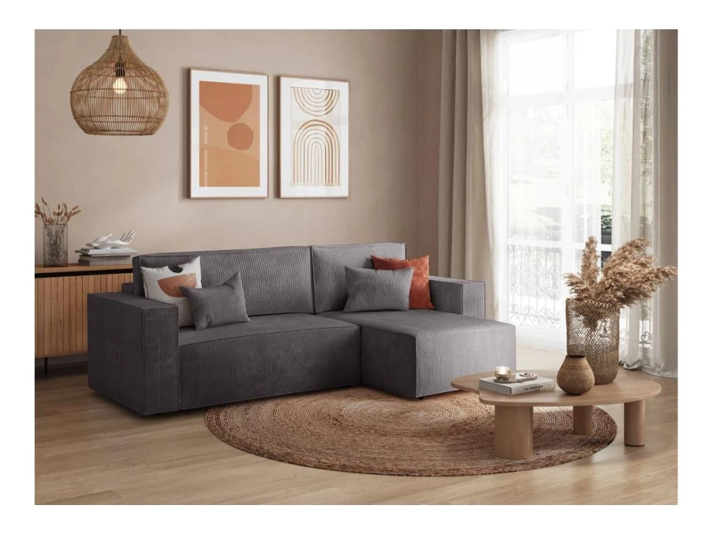 CLARISSE - Canapé D'angle Convertible Réversible Avec Coffre En Velours Côtelé - Gris Anthracite 3 CLARISSE - Canapé D'angle Convertible Réversible Avec Coffre En Velours Côtelé - Gris Anthracite – Image 3