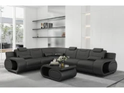 Canapé D'angle En Cuir Italien 7 Places LUXEMBOURG, Noir, Angle Gauche