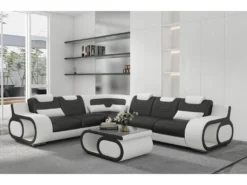 Canapé D'angle En Cuir Italien 7 Places LUXEMBOURG, Noir Et Blanc, Angle Gauche
