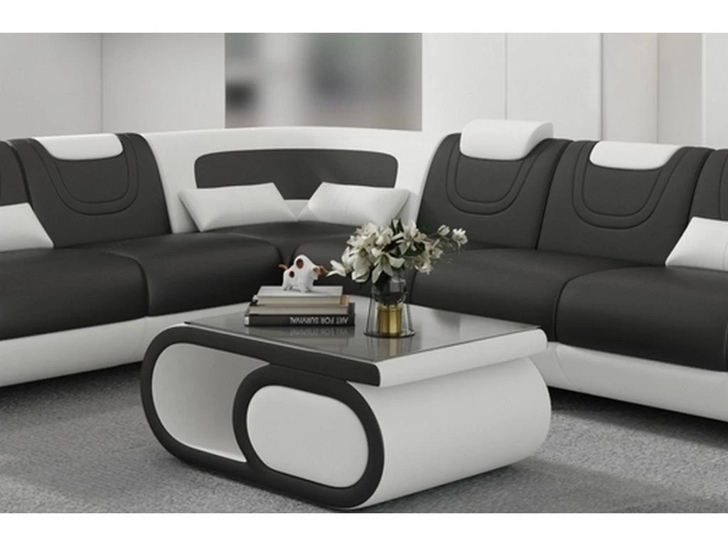 Canapé D'angle En Cuir Italien 7 Places LUXEMBOURG, Noir Et Blanc, Angle Gauche 3 Canapé D'angle En Cuir Italien 7 Places LUXEMBOURG, Noir Et Blanc, Angle Gauche – Image 3