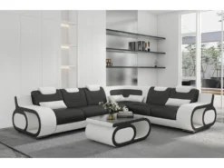 Canapé D'angle En Cuir Italien 7 Places LUXEMBOURG, Noir Et Blanc, Angle Droit