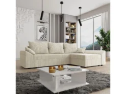 Canapé D'angle Convertible Avec Coffre "Vaugirard" En Velours Côtelé - 3 Places - Beige