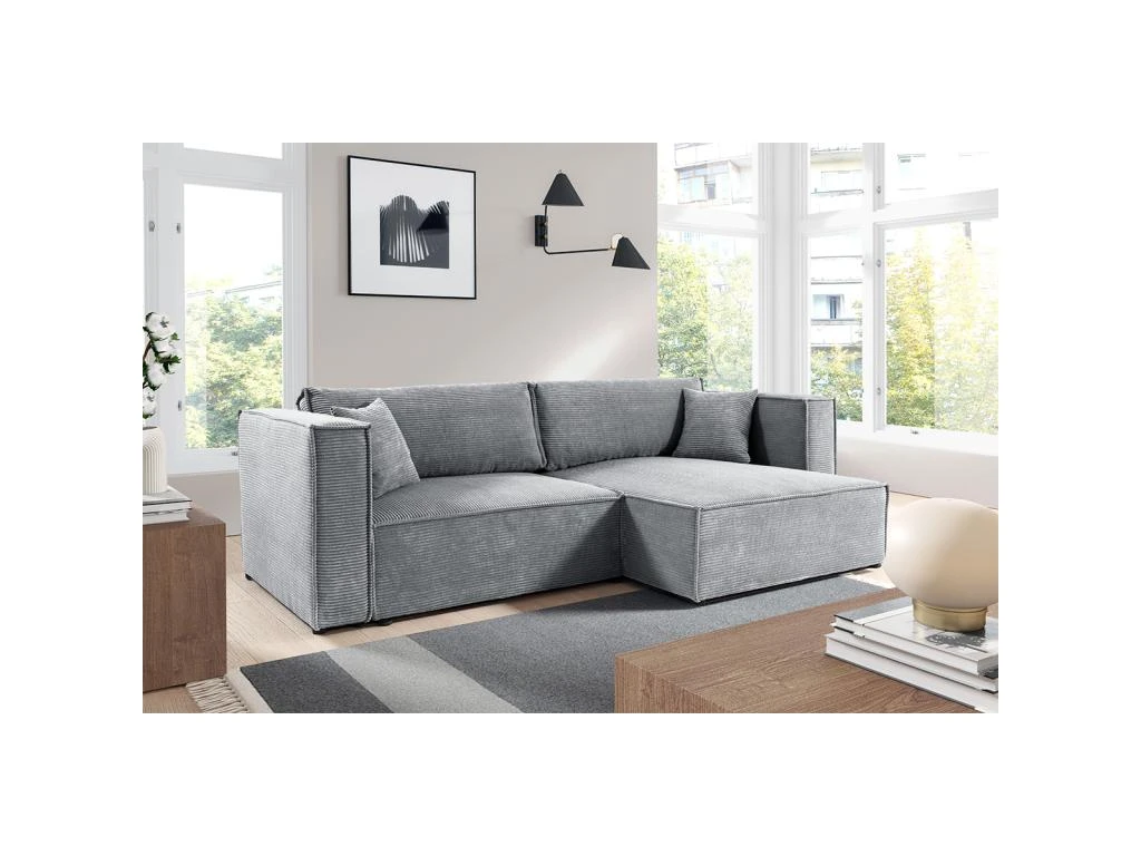 Canapé D'angle Réversible Convertible 3 Places Jimmy Velours Côtelé Gris Clair 2 Canapé D'angle Réversible Convertible 3 Places Jimmy Velours Côtelé Gris Clair – Image 2