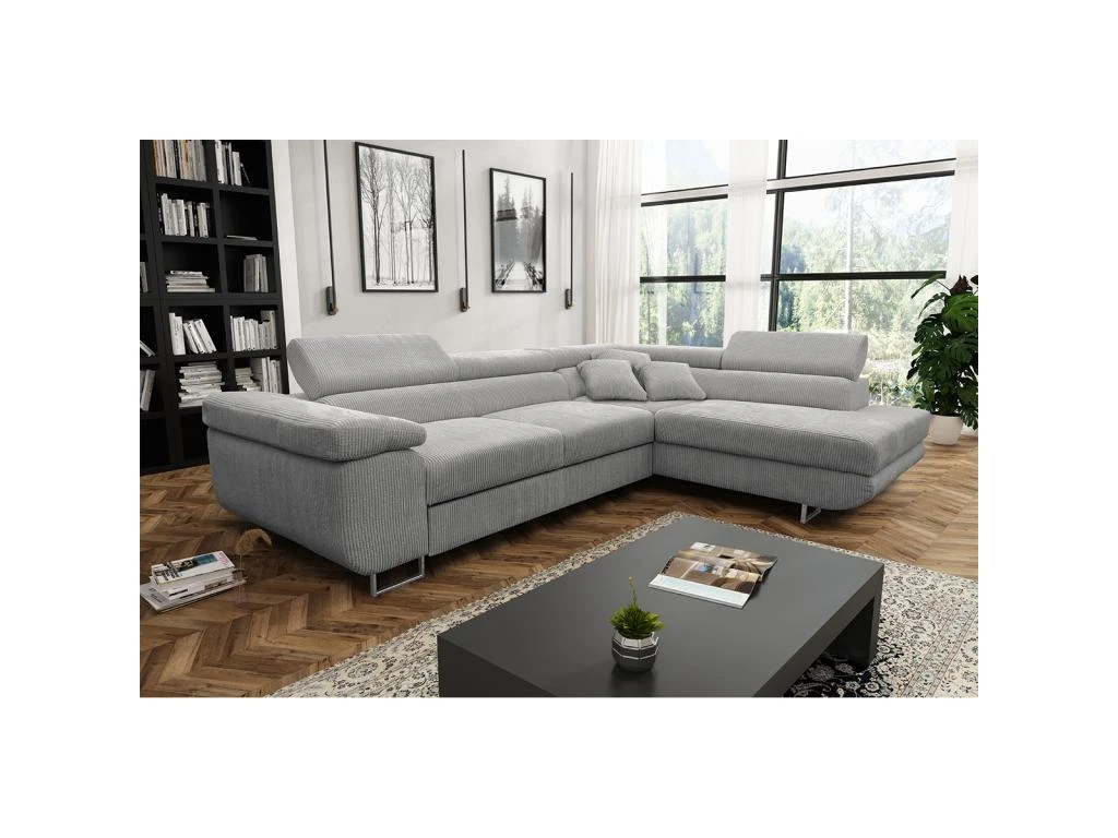 Canapé D'angle Convertible Droit 4 Places Coffre Martin Velours Côtelé Gris Clair 2 Canapé D'angle Convertible Droit 4 Places Coffre Martin Velours Côtelé Gris Clair – Image 2