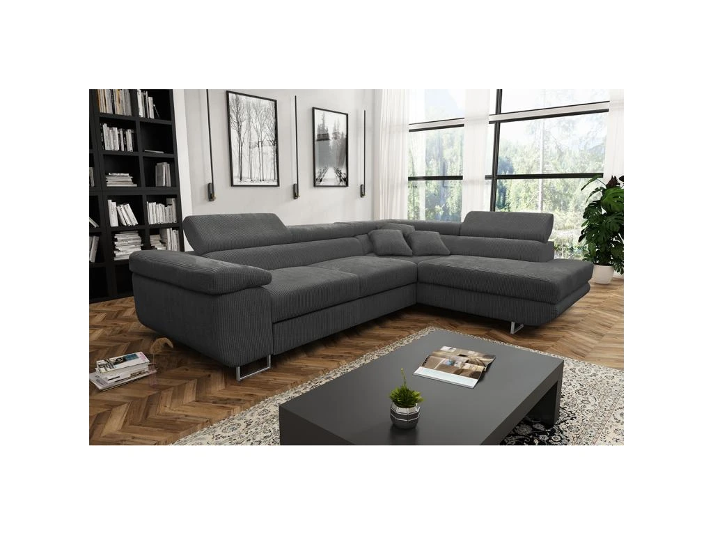 Canapé D'angle Convertible Droit 4 Places Coffre Martin Velours Côtelé Gris Foncé 2 Canapé D'angle Convertible Droit 4 Places Coffre Martin Velours Côtelé Gris Foncé – Image 2
