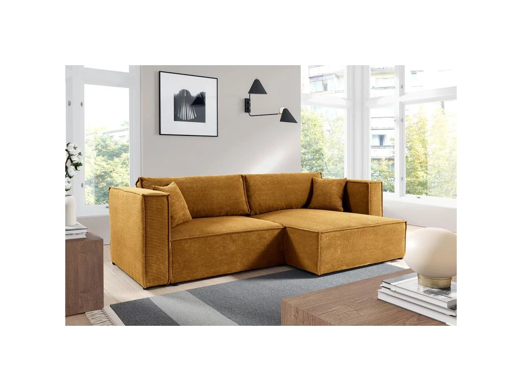 Canapé D'angle Réversible Convertible 3 Places Jimmy Velours Côtelé Jaune 2 Canapé D'angle Réversible Convertible 3 Places Jimmy Velours Côtelé Jaune – Image 2