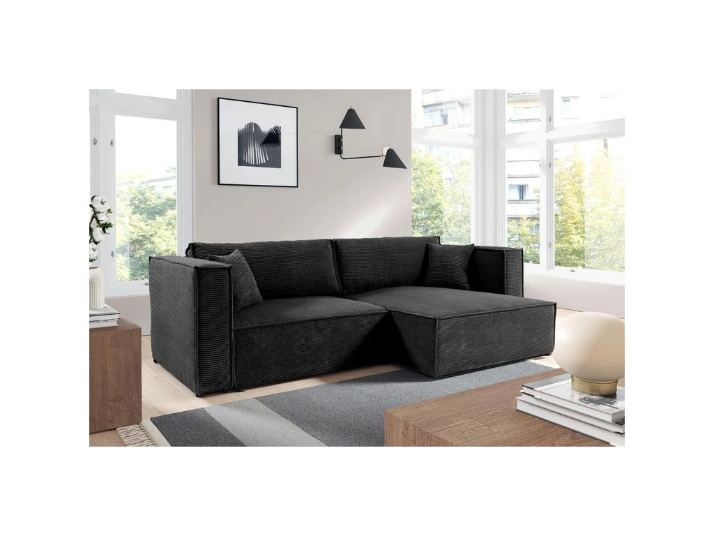 Canapé D'angle Réversible Convertible 3 Places Jimmy Velours Côtelé Noir 2 Canapé D'angle Réversible Convertible 3 Places Jimmy Velours Côtelé Noir – Image 2