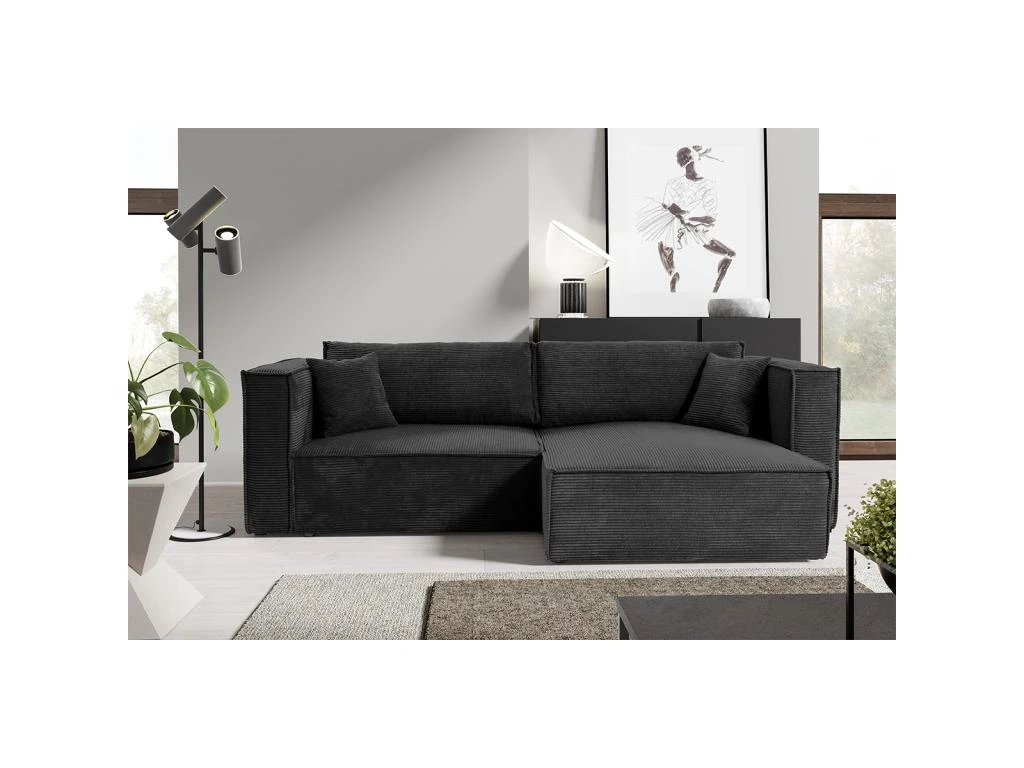 Canapé D'angle Réversible Convertible 3 Places Jimmy Velours Côtelé Noir 3 Canapé D'angle Réversible Convertible 3 Places Jimmy Velours Côtelé Noir – Image 3