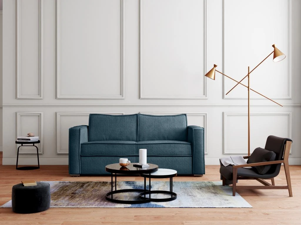 Canapé 3 Places Convertible Express En Velours Côtelé Bleu - Couchage 140 Cm - Matelas 14 Cm LORETO 1 Canapé 3 Places Convertible Express En Velours Côtelé Bleu - Couchage 140 Cm - Matelas 14 Cm LORETO