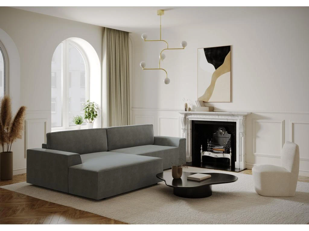 Canapé Angle Gauche Convertible Coffre Velours Gris 300x174cm 1 Canapé Angle Gauche Convertible Coffre Velours Gris 300x174cm