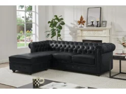 Canapé D'angle Gauche Chesterfield En Cuir Noir TOLEDO