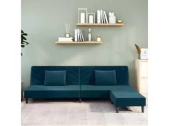 Canapé-lit 2 Places 2 Oreillers Et Repose-pied Bleu Velours