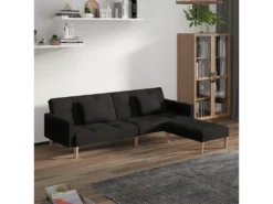 Canapé-lit 2 Places Deux Oreillers Repose-pied Gris Foncé Tissu