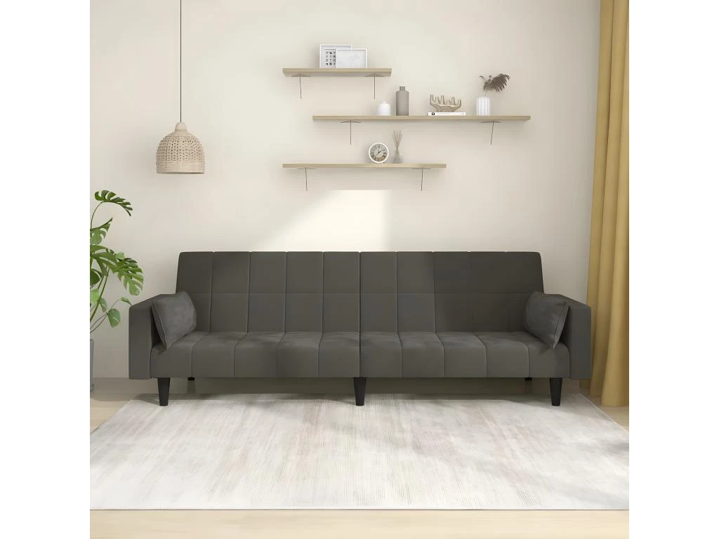Canapé-lit à 2 Places Avec Deux Oreillers Gris Foncé Velours 1 Canapé-lit à 2 Places Avec Deux Oreillers Gris Foncé Velours