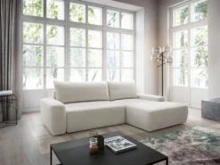 Canapé D'angle Droit Convertible En Tissu Texturé Crème DAVISO