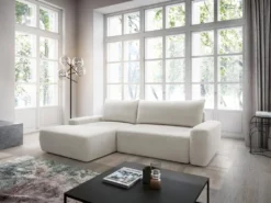 Canapé D'angle Gauche Convertible En Tissu Texturé Crème DAVISO