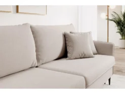 Canapé - 221 Cm - Trois Places Velours Hydrophobe - Beige - Pieds Noirs - VOLIO -Canapé Soldes Boutique canape 22358153