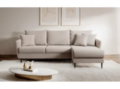 Canapé D'angle - 223 Cm - Avec Fonction Couchage - Velours Hydrophobe - Beige - Pieds Noirs - VOLIO