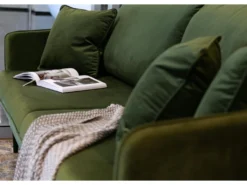 Canapé - 221 Cm - Trois Places Velours Hydrophobe - Olive - Pieds Noirs - VOLIO -Canapé Soldes Boutique canape 22358247