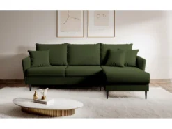 Canapé D'angle - 223 Cm - Avec Fonction Couchage - Velours Hydrophobe - Olive - Pieds Noirs - VOLIO