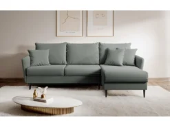 Canapé D'angle - 223 Cm - Avec Fonction Couchage - Velours Hydrophobe - Gris - Pieds Noirs - VOLIO