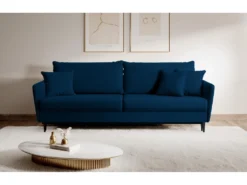 Canapé - 221 Cm - Trois Places Velours Hydrophobe - Bleu Marin - Pieds Noirs - VOLIO