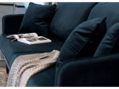 Canapé - 221 Cm - Trois Places Velours Hydrophobe - Bleu Marin - Pieds Noirs - VOLIO -Canapé Soldes Boutique canape 22358419