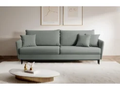 Canapé - 221 Cm - Trois Places Velours Hydrophobe - Gris - Pieds Noirs - VOLIO