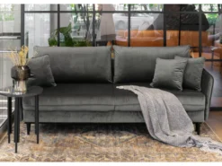 Canapé - 221 Cm - Trois Places Velours Hydrophobe - Gris - Pieds Noirs - VOLIO -Canapé Soldes Boutique canape 22358451